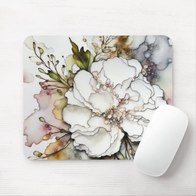 White Carnation Alcohol Ink Mouse Pad (With Mouse)