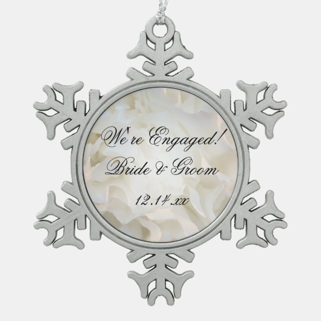 White Carnation Flower Engagement Snowflake Pewter Christmas Ornament (Front)