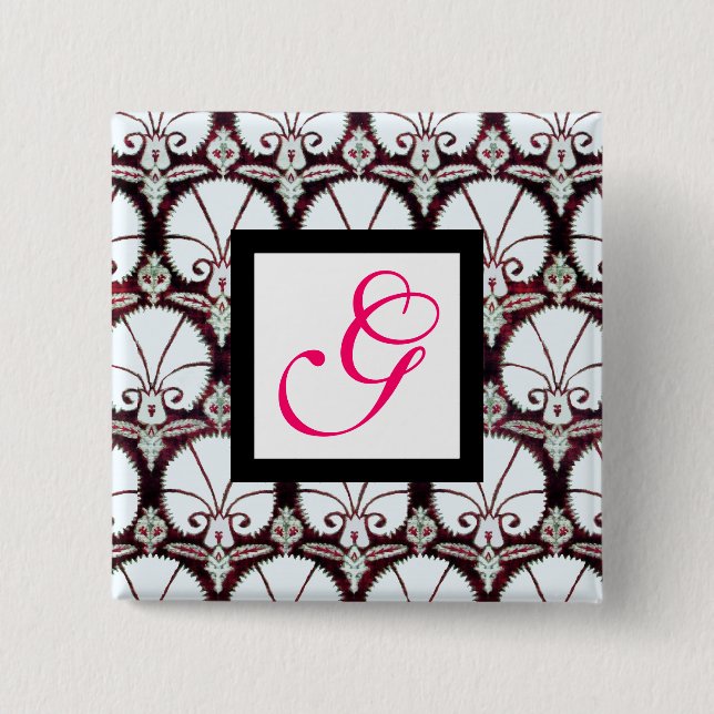 WHITE CARNATIONS DAMASK MONOGRAM pink fuchsia 15 Cm Square Badge (Front)