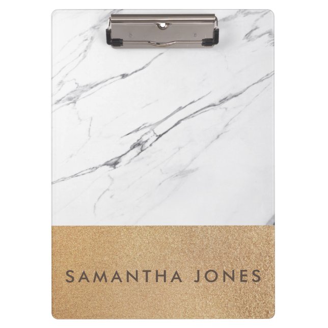 White Carrara Marble Glitter Gold Classic Modern Clipboard (Front)