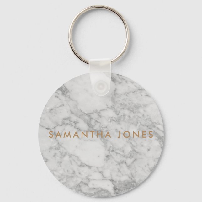 White Carrara Marble Gold Classic Personalized Key Ring (Front)