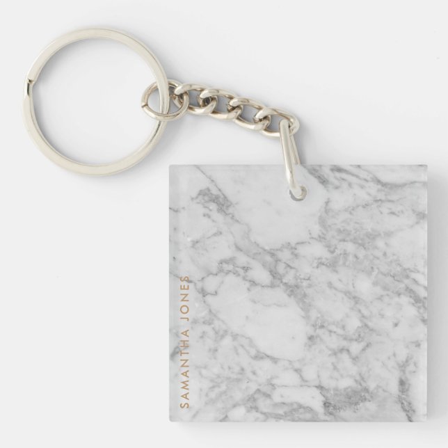 White Carrara Marble Gold Classic Personalized Key Ring (Front)