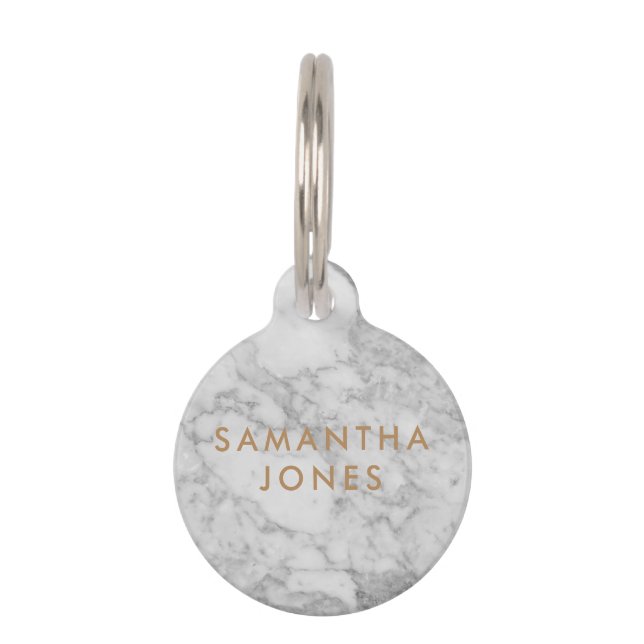 White Carrara Marble Gold Classic Personalized Pet Tag (Front)