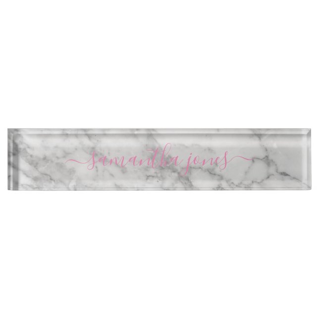 White Carrara Marble Gold Classic Script Nameplate (Front)