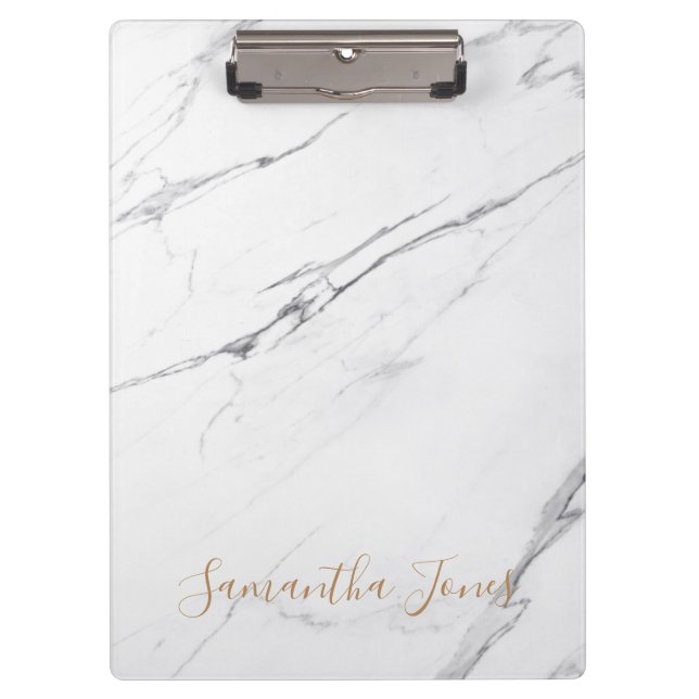 White Carrara Marble Gold Script Classic Modern Clipboard (Front)