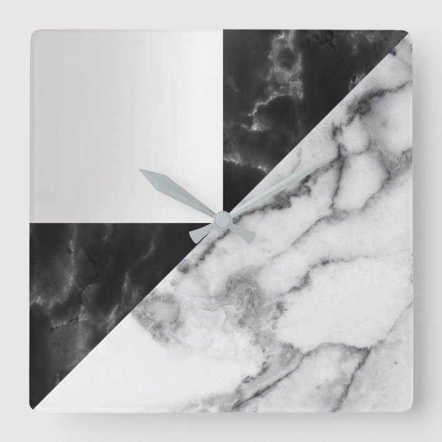 White Carrara Marble Grey Geometry Black Luxury Square Wall Clock (Front)