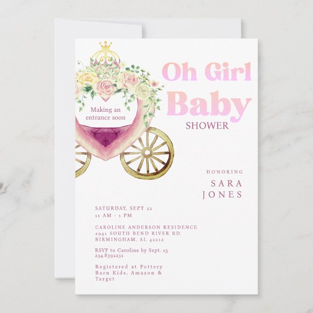 White Carriage Making an Entrance Soon Baby Shower Invitation (Front)