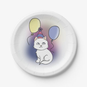 White Cartoon Cat with Balloons Paper Plate