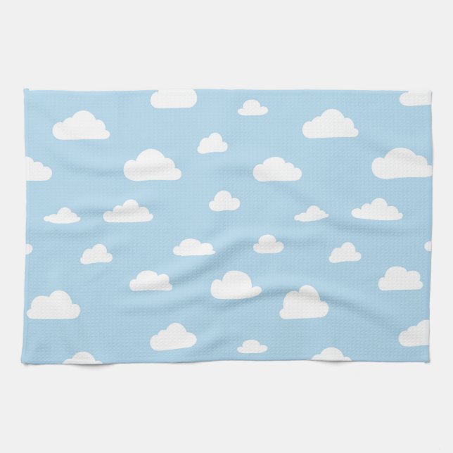 White Cartoon Clouds on Blue Background Pattern Tea Towel (Horizontal)