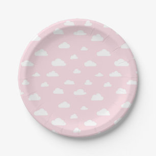 White Cartoon Clouds on Pink Background Pattern Paper Plate