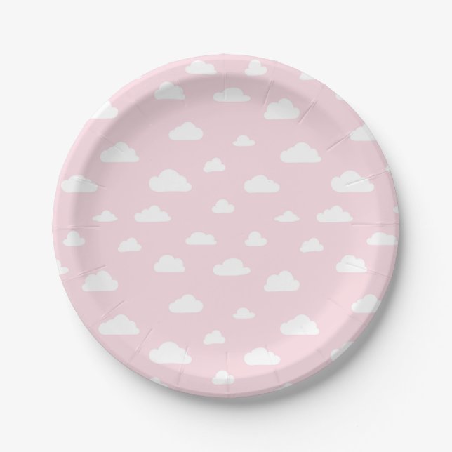 White Cartoon Clouds on Pink Background Pattern Paper Plate (Front)