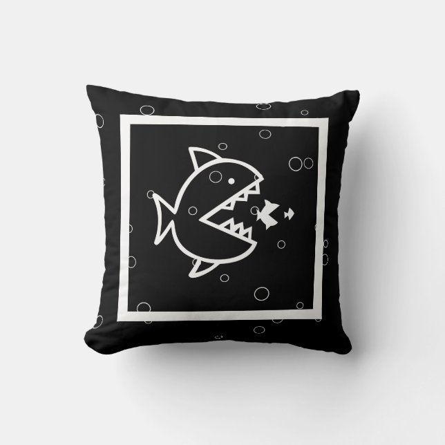 white CARTOON FISH on black pillow (Front)