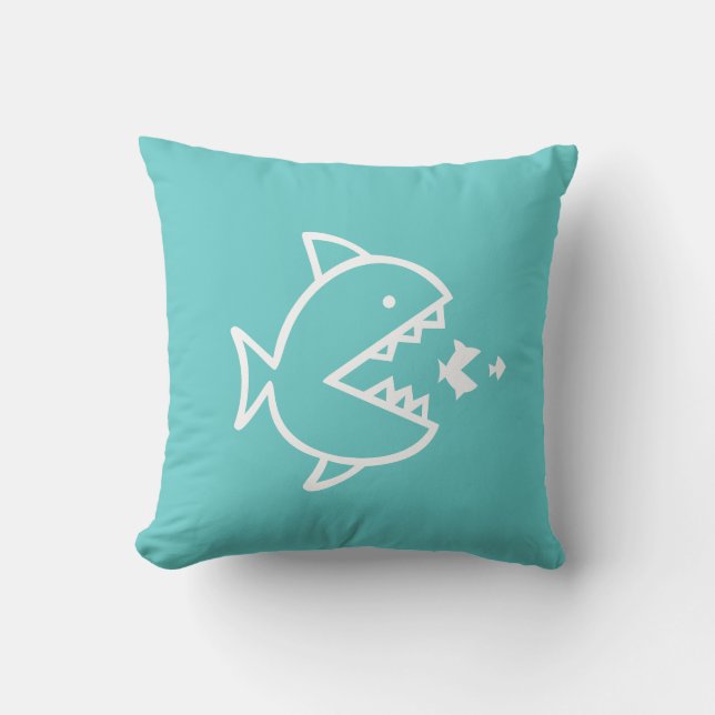 white CARTOON FISH on teal blue pillow (Front)
