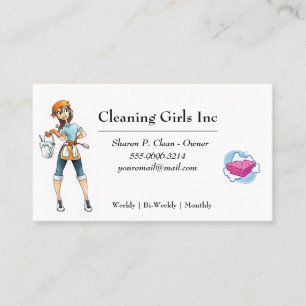 White Cartoon Girl House Cleaning Service Business Card