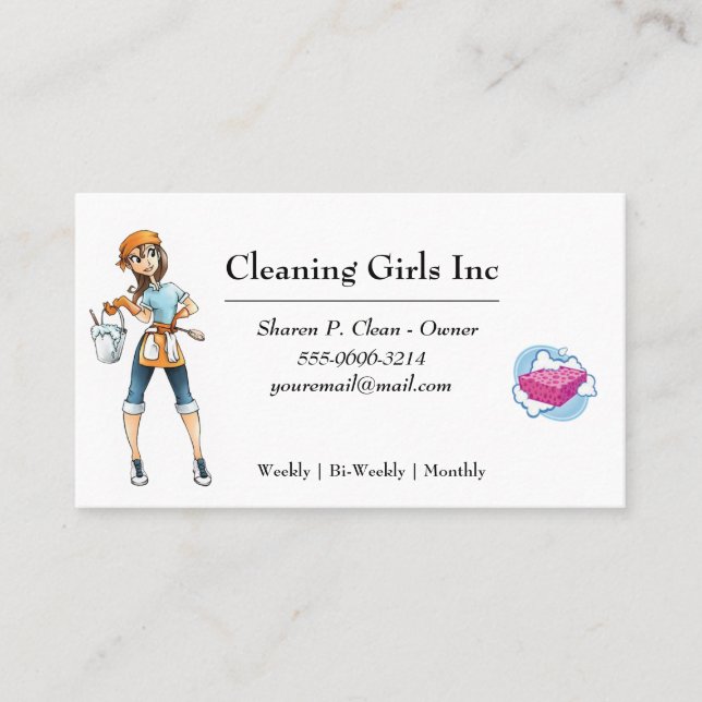 White Cartoon Girl House Cleaning Service Business Card (Front)