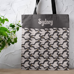 White Cartoon Goose Geometric Pattern Personalised Tote Bag
