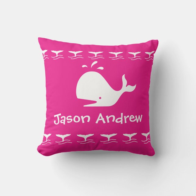 White CARTOON whale Bright pink Personalised Baby Cushion (Front)