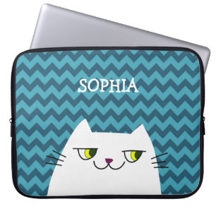 White Cat and Blue Zig Zag Monogrammed Laptop Sleeve