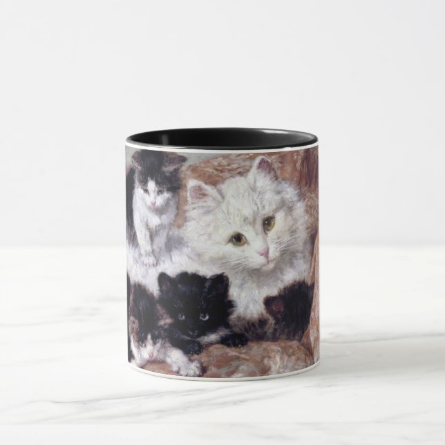 White Cat and her kittens by Henriette Ronner-Knip Mug (Center)