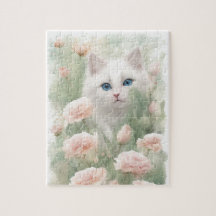 White Cat and Pink Flowers 