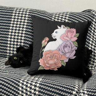 White Cat and Roses Cushion