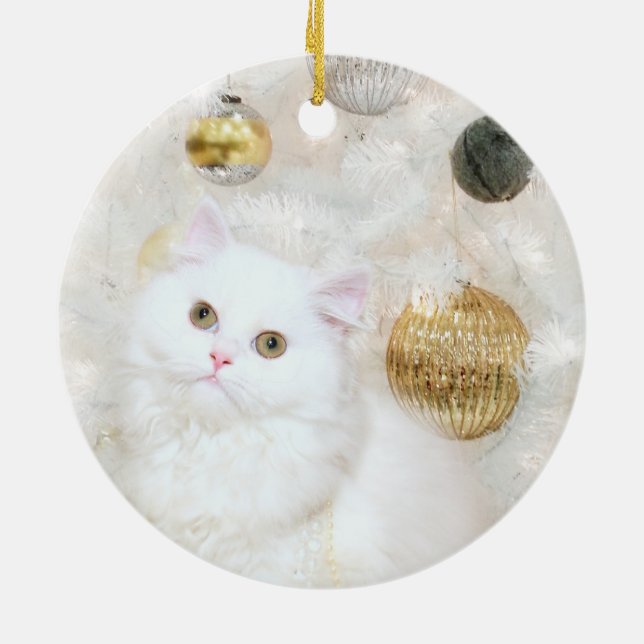 White cat and white Christmas tree Ceramic Tree Decoration (Back)