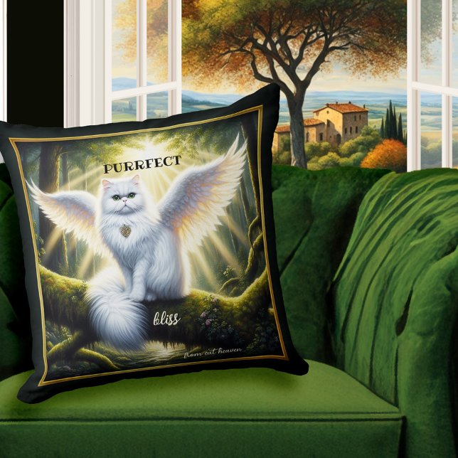 White Cat Angel Heavenly Bliss Cushion (Pillow featuring a painting of a white angel cat in a lush forest. Heavenly bliss! - cat lover gift)