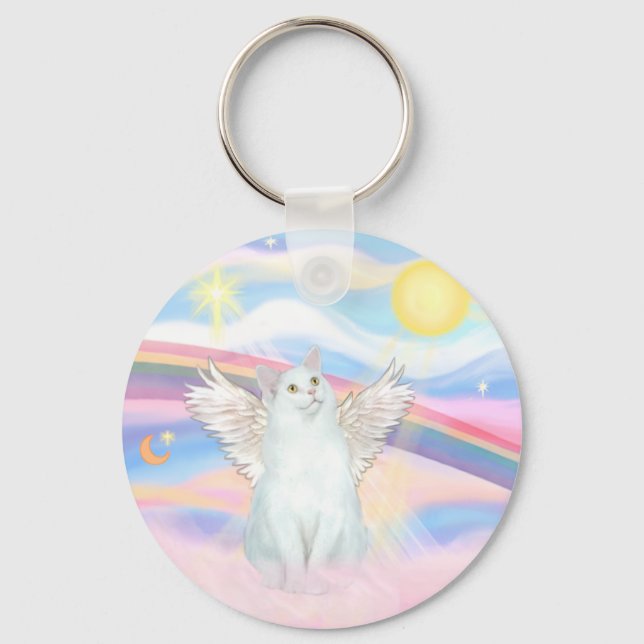 White Cat Angel in Clouds Key Ring (Front)