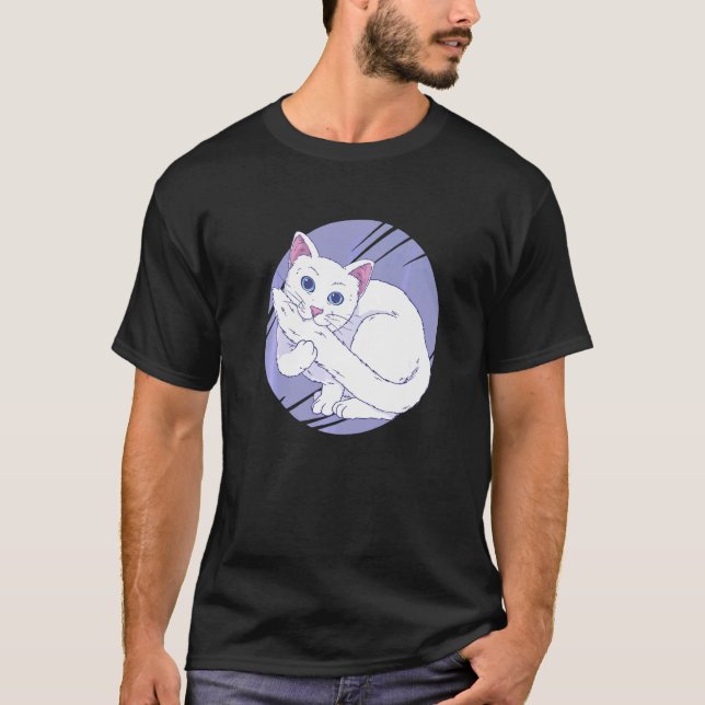White Cat Bitting Tail Pet T-Shirt (Front)