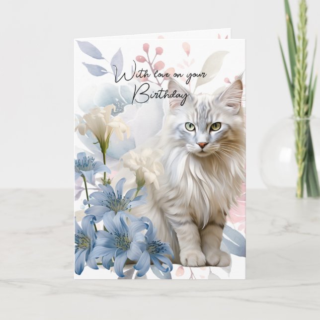 White Cat Blue Pink Floral With Love Birthday Holiday Card (Front)
