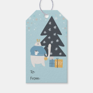 White cat blue sweater ornament christmas tree  gift tags
