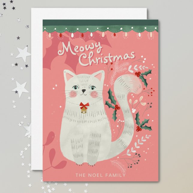 White Cat Christmas Illustration Flat Holiday Card (Creator Uploaded)