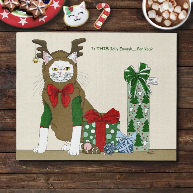 White Cat Christmas Jolly Funny Jigsaw Puzzle (Creator Uploaded)