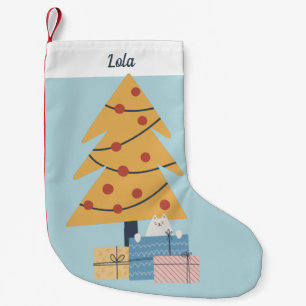 White cat Christmas tree presents personalise   Small Christmas Stocking