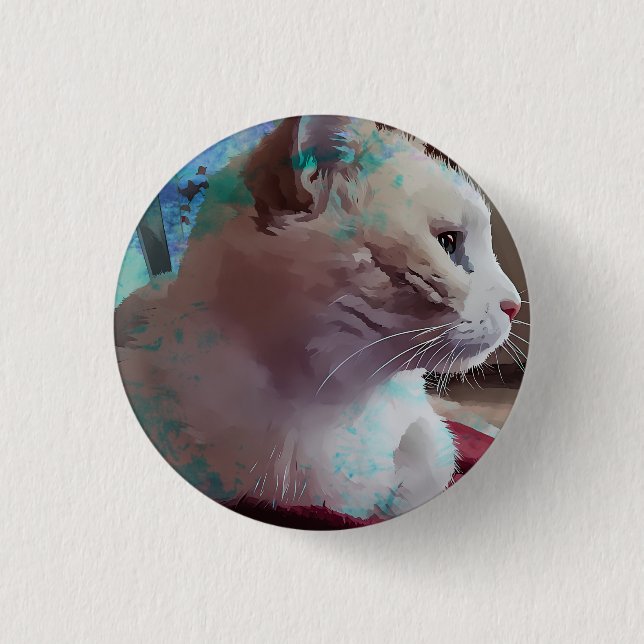White cat closeup with blue paint effect 3 cm round badge (Front)