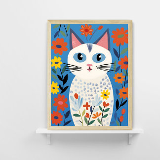 White Cat Colourful Flowers Blue Background Poster
