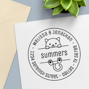 White Cat Couple Family Round Address Self-inking Stamp