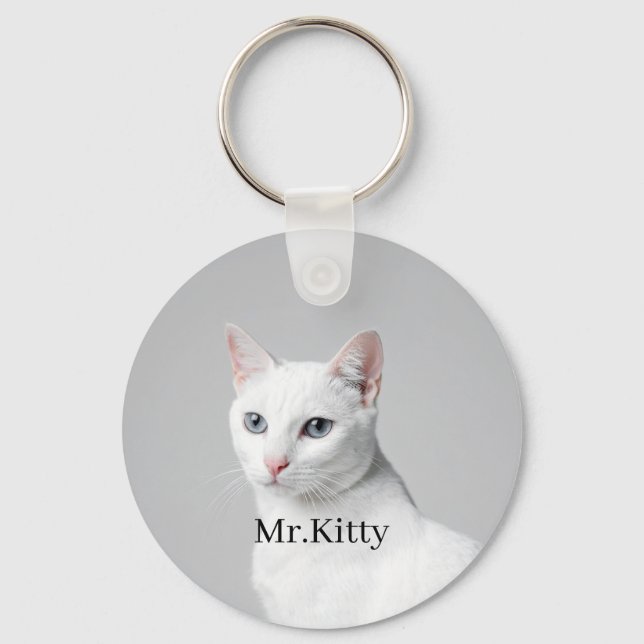 White Cat Custom Pet Name – Editable Cute Portrait Key Ring (Front)