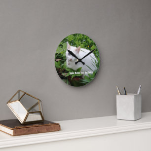 White Cat , Customise Name and Photo, Round Clock