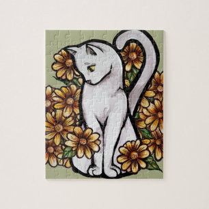 White Cat Daisy Flowers Cats Jigsaw Puzzle