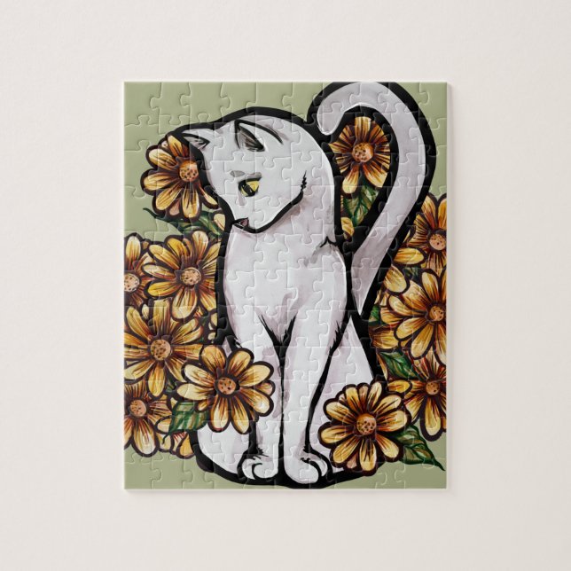 White Cat Daisy Flowers Cats              Jigsaw Puzzle (Vertical)