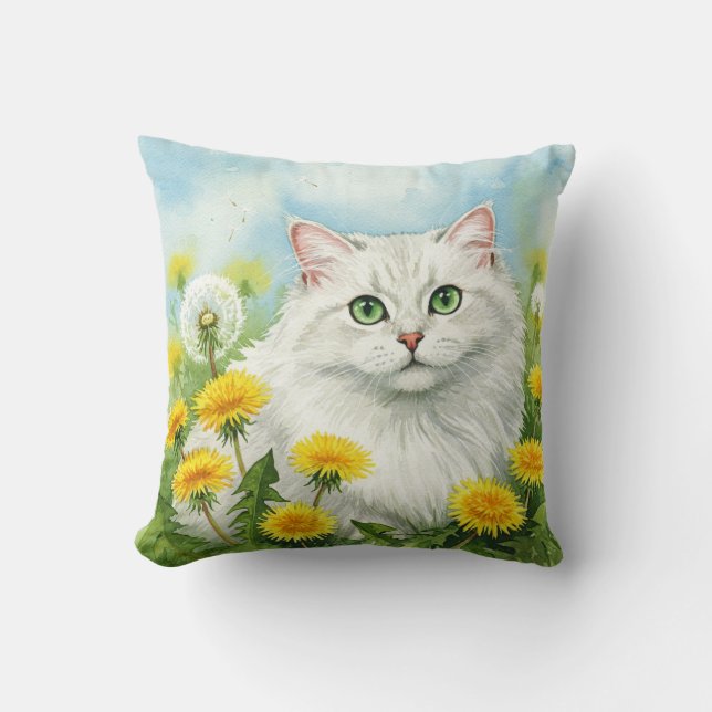 White Cat Dandelions Flowers Pillow (Front)