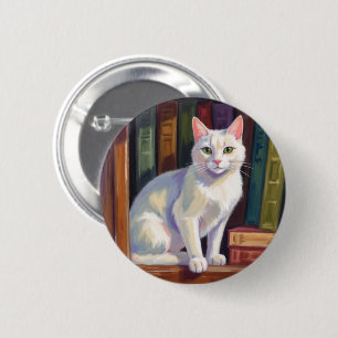 White Cat Drawing 6 Cm Round Badge