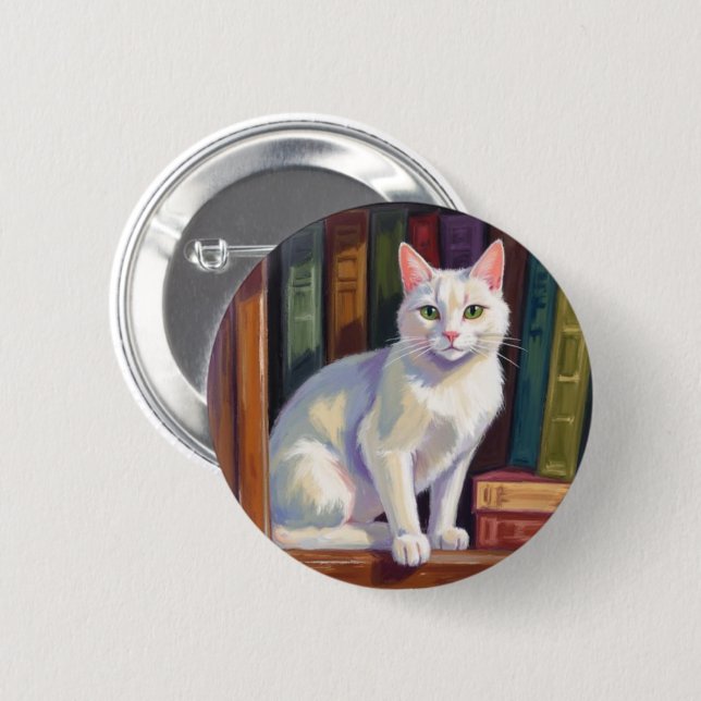 White Cat Drawing 6 Cm Round Badge (Front & Back)