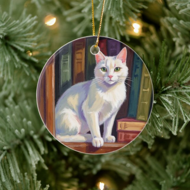 White Cat Drawing Ceramic Tree Decoration (Tree)