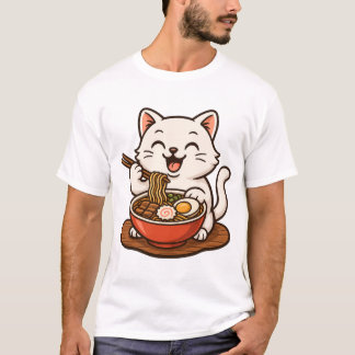 White Cat Eating Ramen T-Shirt