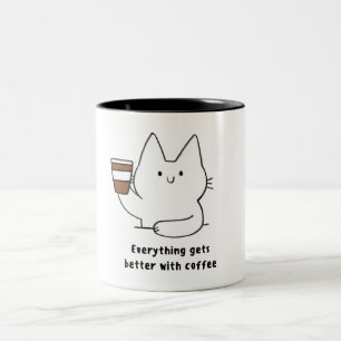 White Cat Everything Gets Better With coffee Two-Tone Coffee Mug