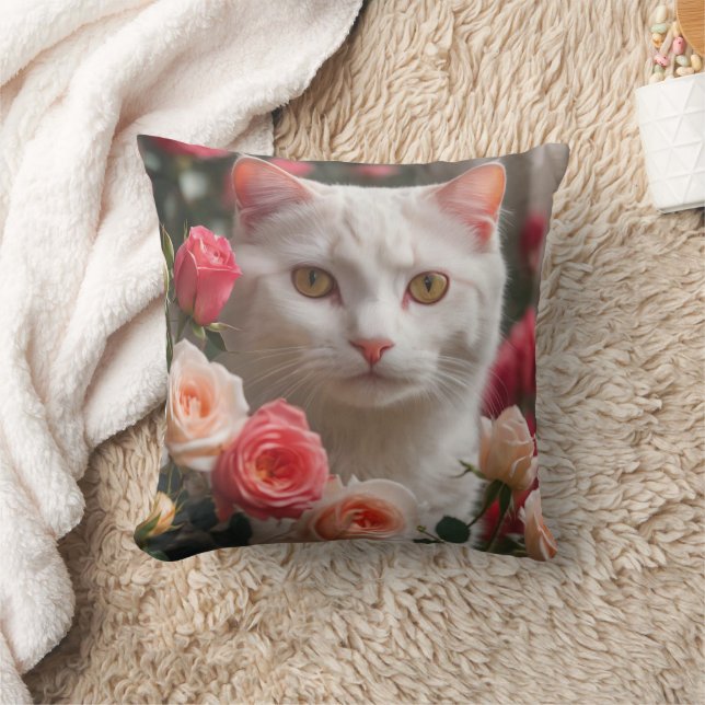 White Cat Face in Roses  Cushion (Blanket)
