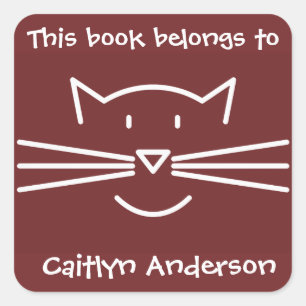 White Cat Face Outline Bookplate Sticker