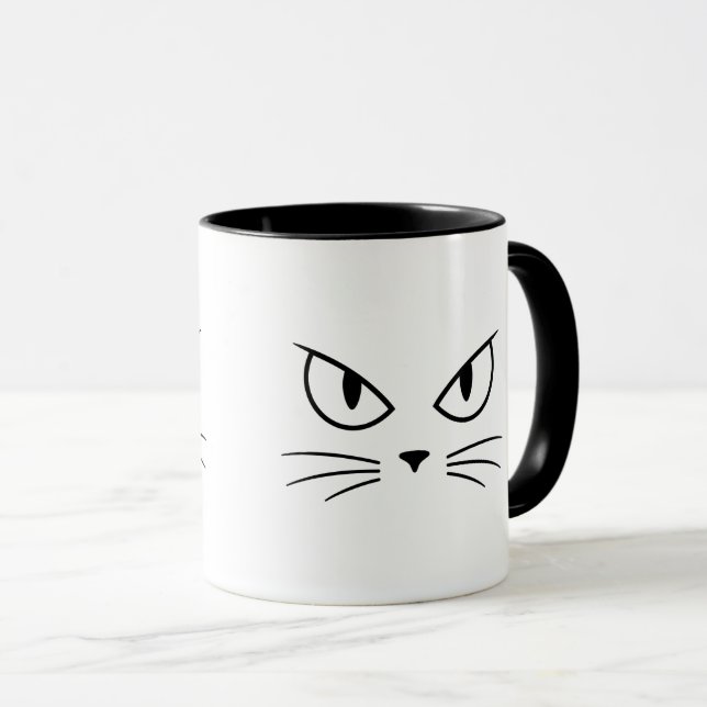 White Cat Face Sharp Eyes Mug (Front Right)